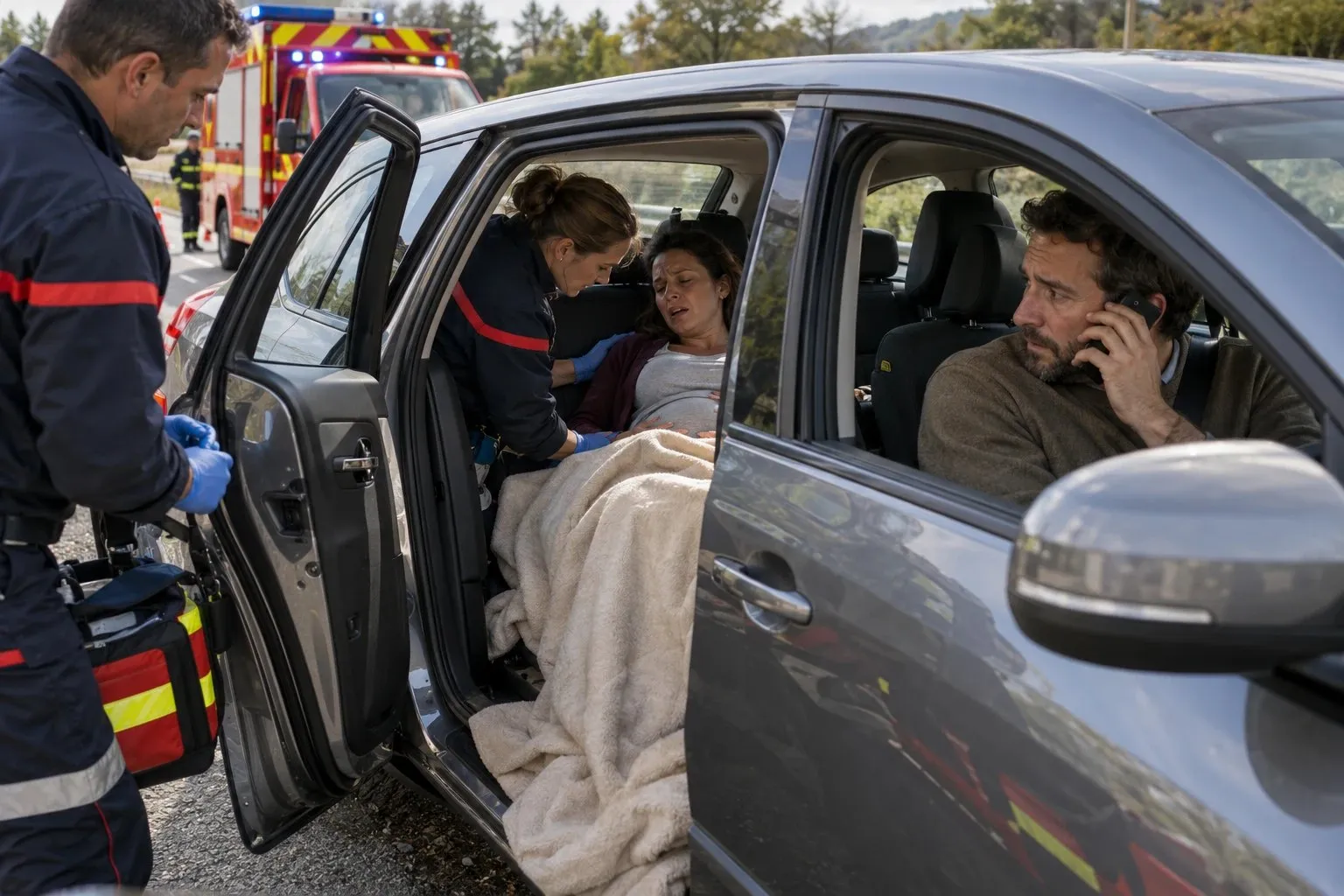 Future maman sur le point d'accoucher dans la voiture, aidée par les pompiers, pendant que son mari téléphone